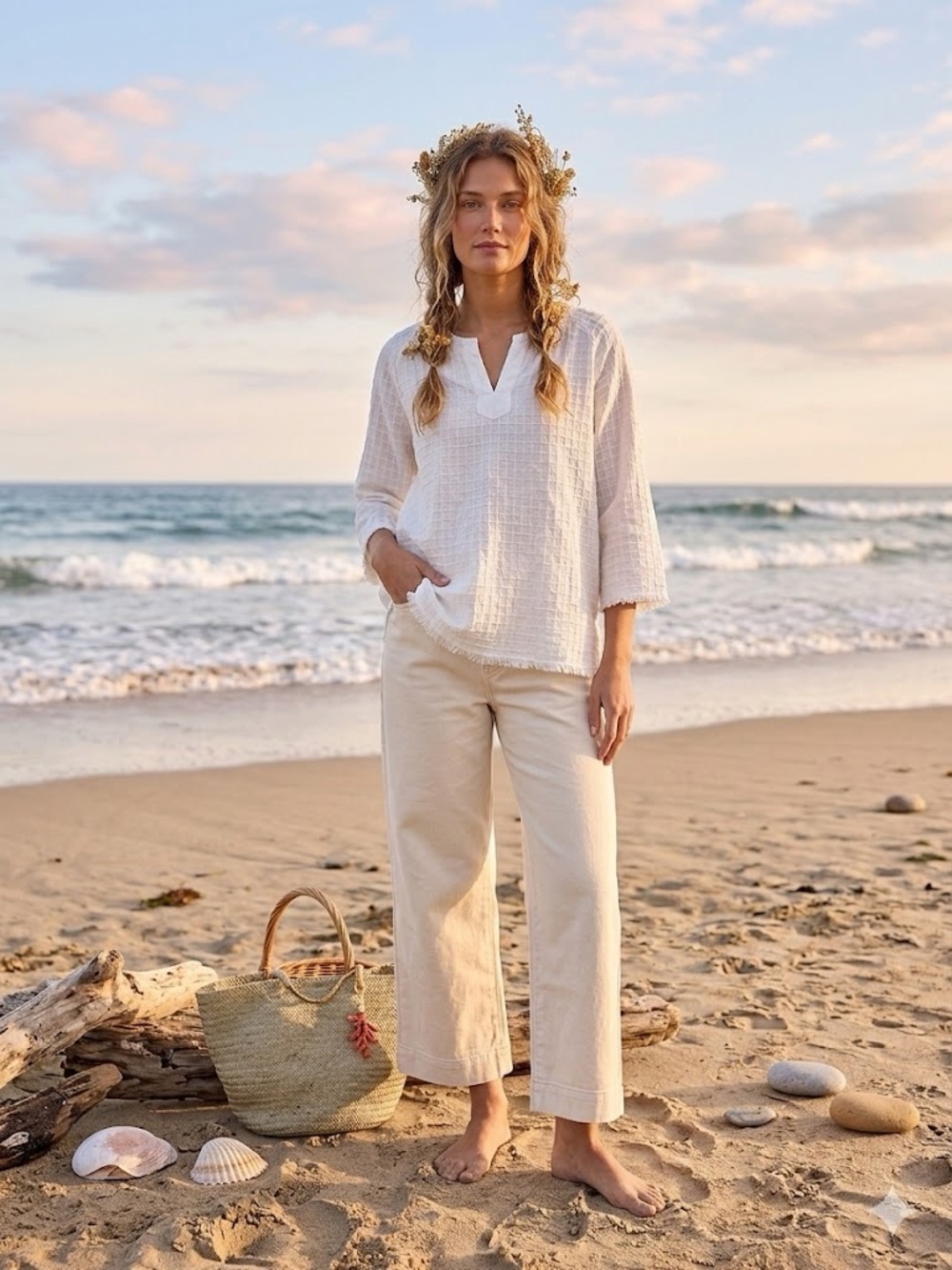 Eileen Fisher White Textured Waffle Blouse with V-Notch Cottage Coastal Core